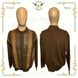 Vintage Cuzzens Leather Striped Sweater Mens Size XL Brown Merino Wool Very Rare